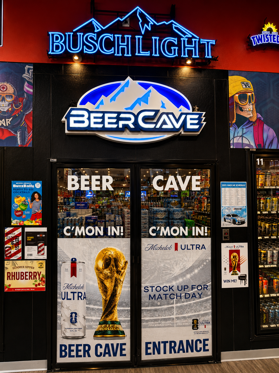 CY Liquor Beer Cave entrance with neon signage